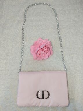 Dior Light Pink Puffy Pouch On Pearl Silver Chain Crossbody Bag CD Logo New Rare